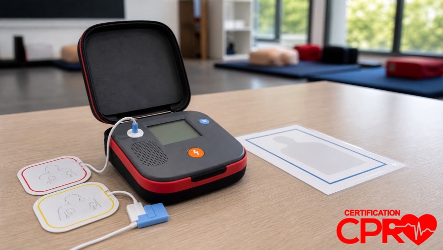 AED trainer and electrode pads for practicing voice prompts in a CPR classroom in Orlando.