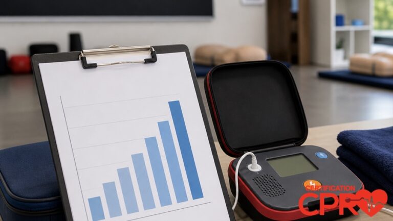 CPR statistics chart with AED trainer in a CPR classroom in Orlando.