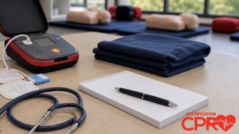 AED trainer, stethoscope, and CPR classroom supplies for an article on heart attack versus cardiac arrest in Orlando.