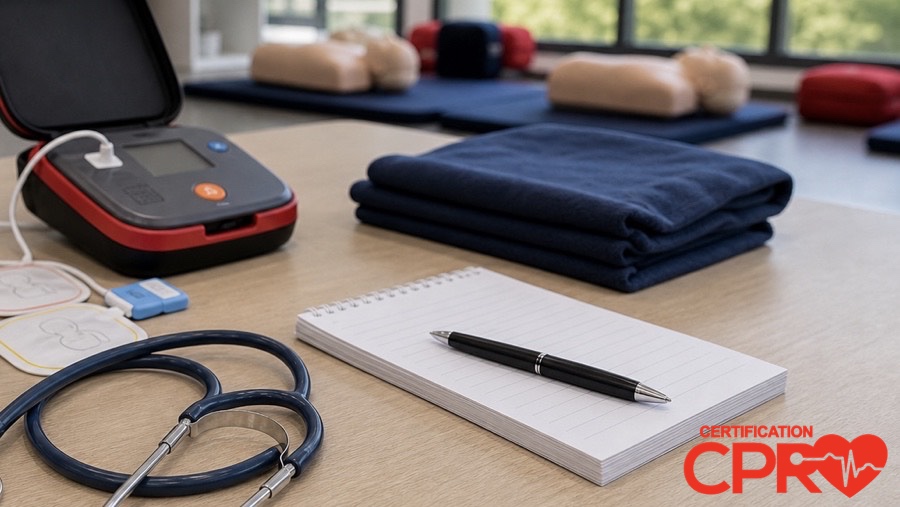 AED trainer, stethoscope, and CPR classroom supplies for an article on heart attack versus cardiac arrest in Orlando.