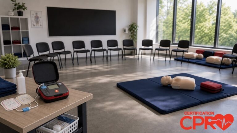 CPR classroom setup for practicing emergency response skills in Orlando.