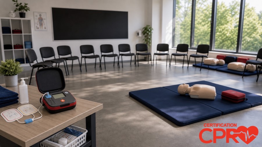 CPR classroom setup for practicing emergency response skills in Orlando.