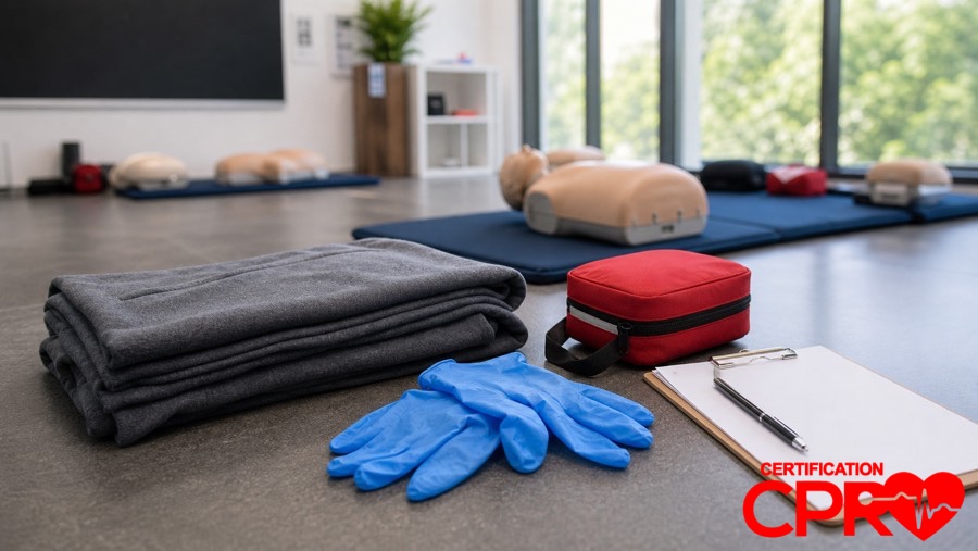 First aid training supplies for practicing seizure response in a CPR classroom in Orlando.