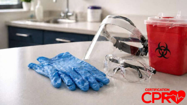 CPR training supplies including gloves, goggles, and biohazard container in Orlando.